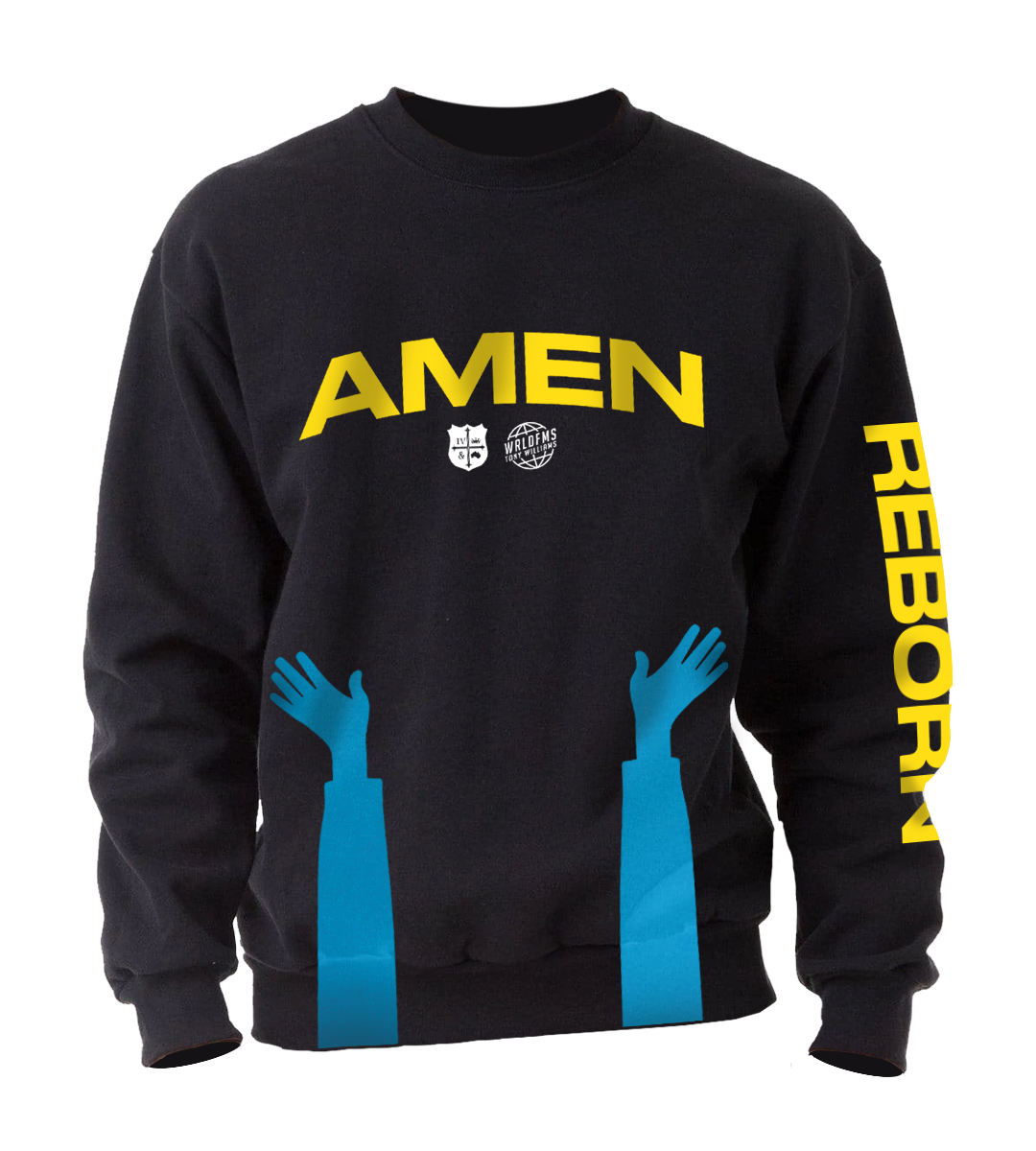 Amen reborn hands up black crewneck sweatshirt front WRLDFMS