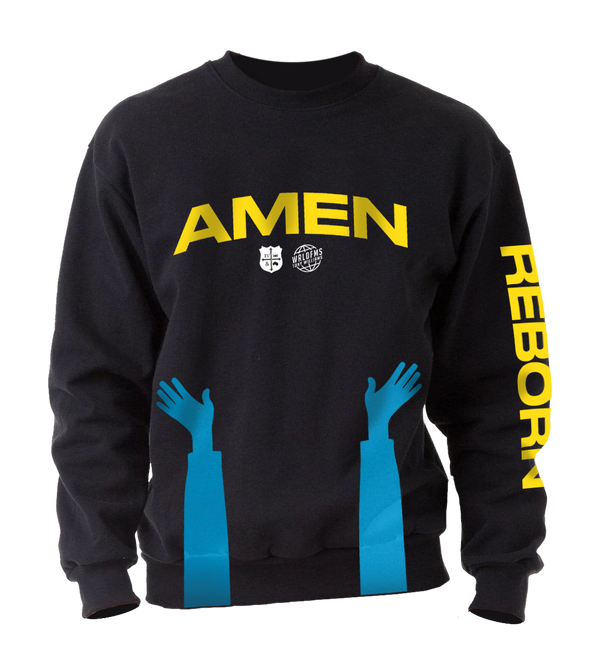 Amen reborn hands up black crewneck sweatshirt front WRLDFMS